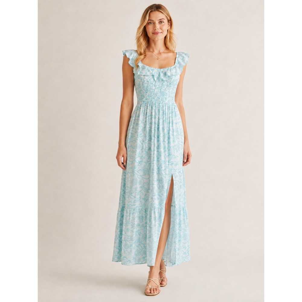 Floral Tiered Maxi Dress Womens L Smocked Square Neck Open Back Lined Resortwear